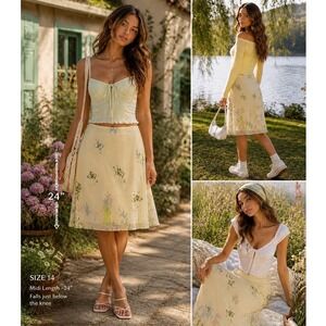VTG Butter Yellow Butterfly Chiffon Midi Skirt 14 Y2K Fairycore Cottagecore 90s